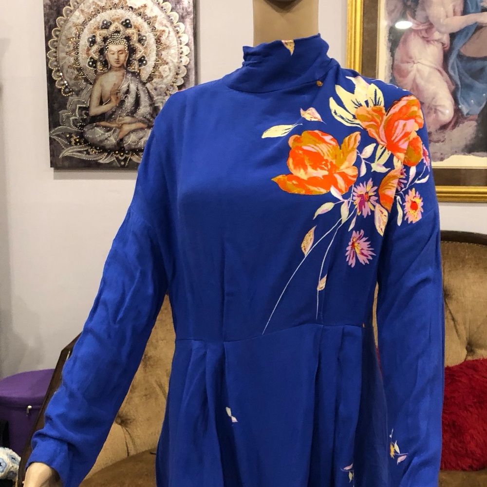 Free People Royal Blue Long Sleeve Top with Orange Floral Print small